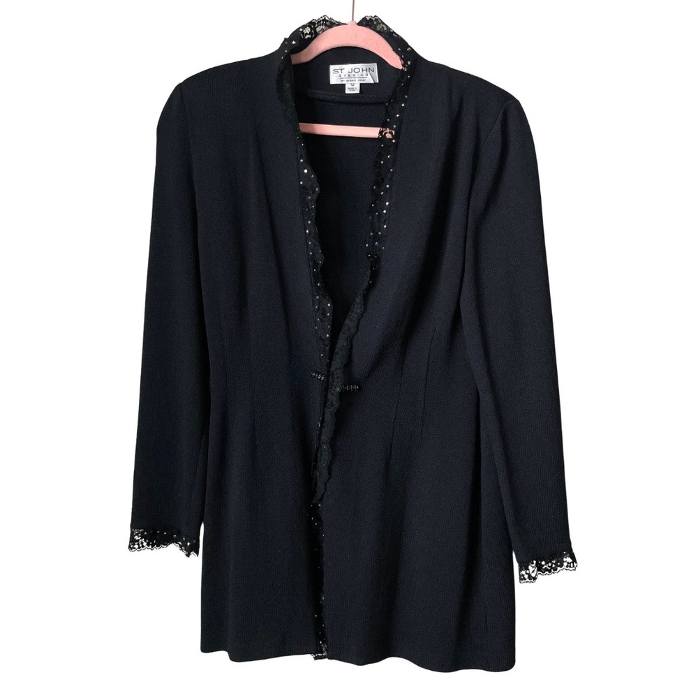 St John Cardigan Jacket Womens Size 12 Black Santana Knit Lace Rhinestone USA